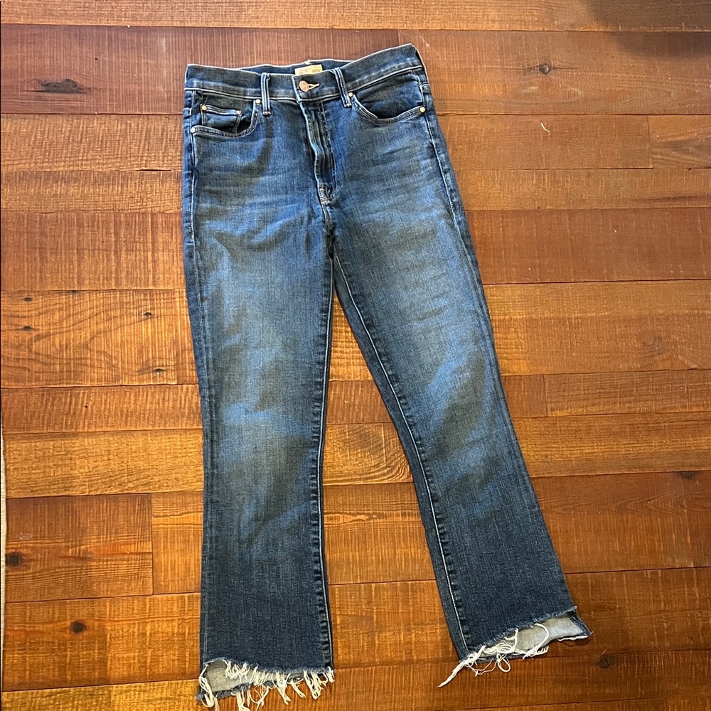 MOTHER Straight Leg Jeans in Medium Blue with Raw Hem